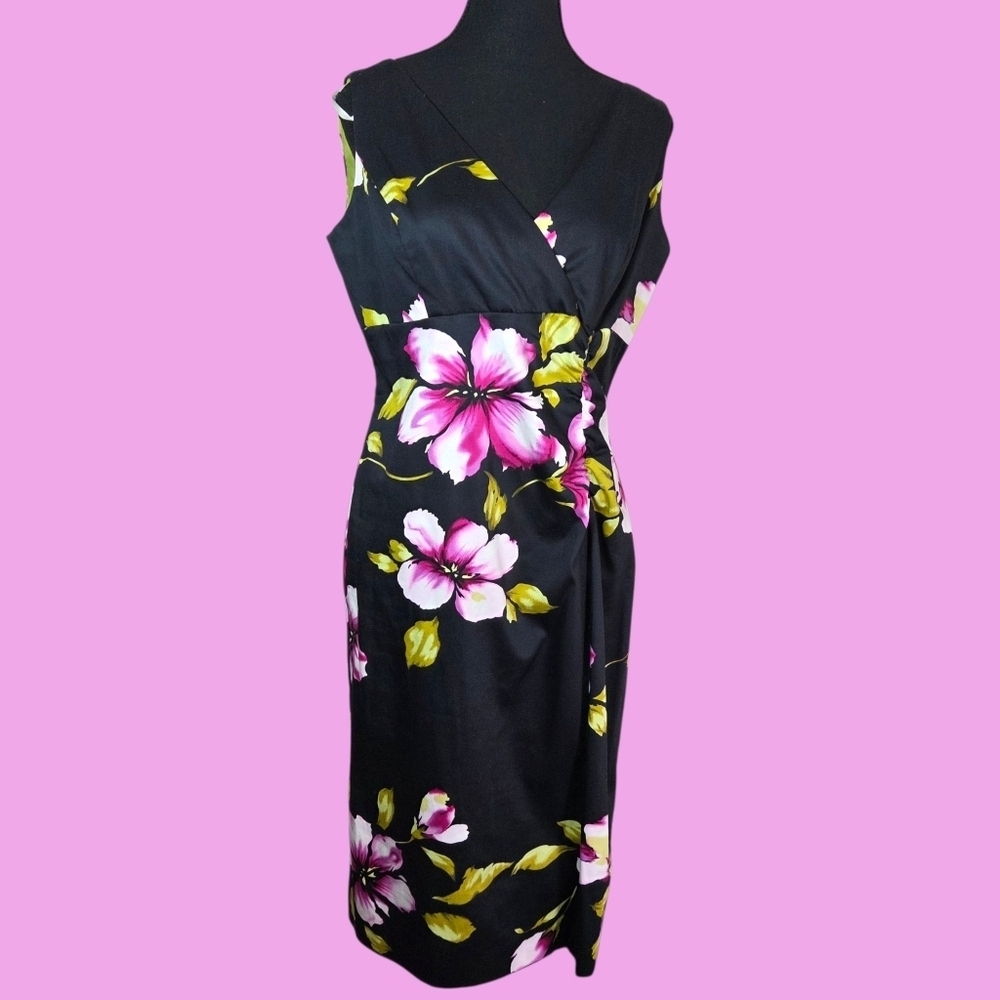 Donna Ricco Black Dress with Pink Floral Design Size 10